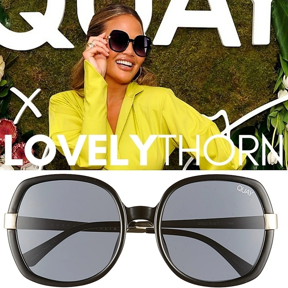 QUAY // ltd ed chrissy teigen retro-glam oversized round black smoke gold sunnie